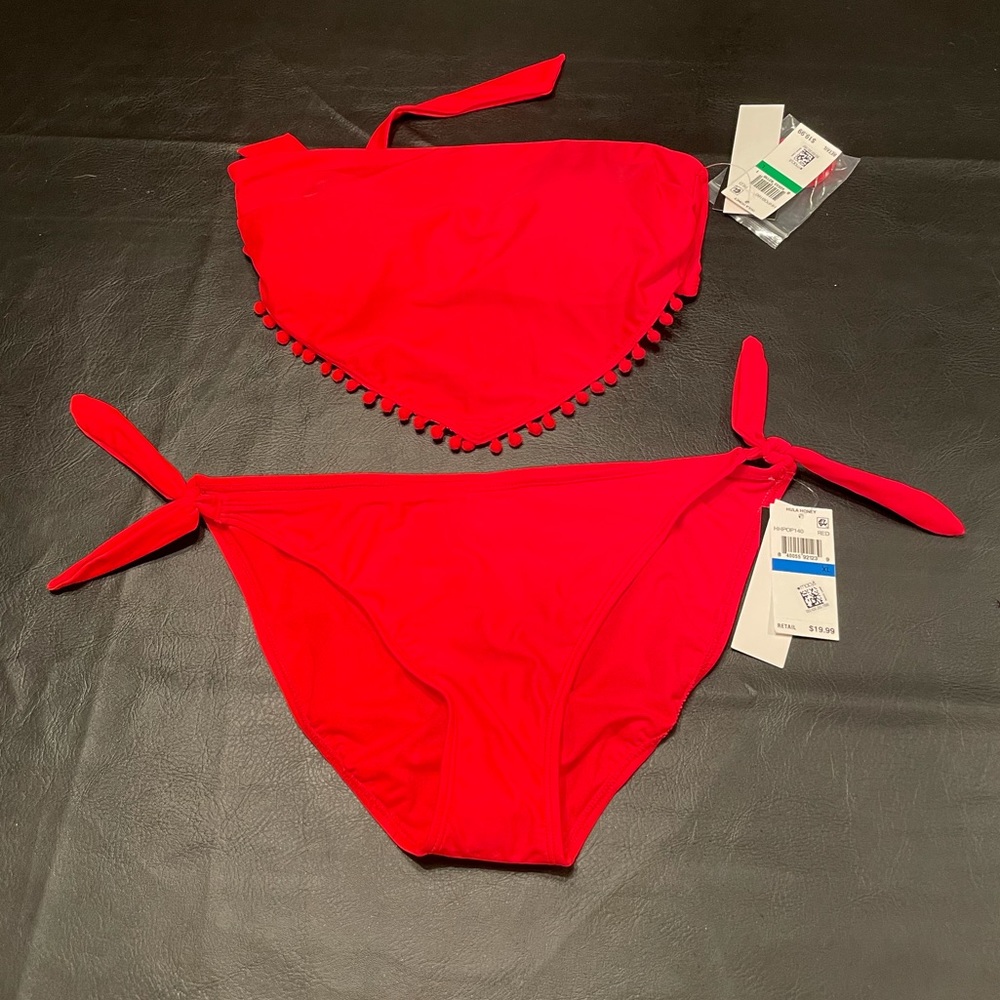 NWT Hula Honey red pompom tie bikini